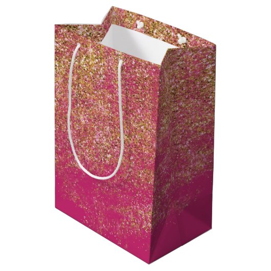 Gold Faux Glitter Girly Pink Sparkle Medium Cadeauzakje (Achterkant Gekanteld)