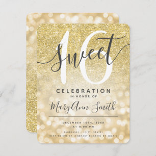 Gold Faux Glitter Glam Lights Sweet 16th Kaart