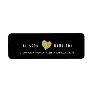 Gold Faux Glitter Heart op zwart Retouradres Etiket
