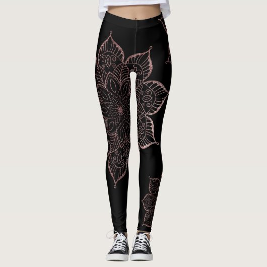 Gold Faux Glitter Mandalas Black met geofferd Roos Leggings (Voorkant)