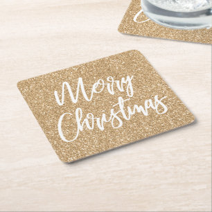 Gold Faux Glitter Merry-kerstkalligrafie Kartonnen Onderzetters