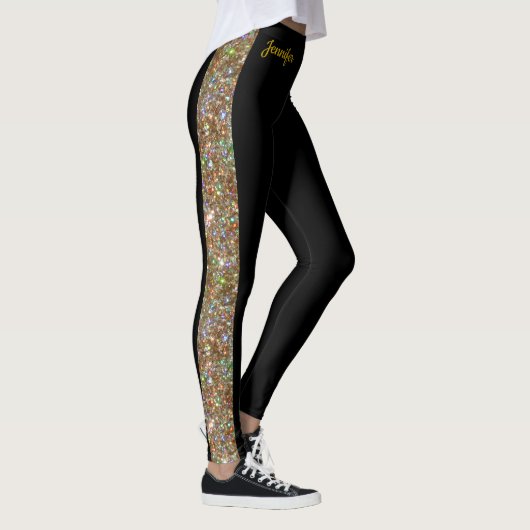 Gold Faux Glitter op Black Leggings Dance Pants (Rechts)