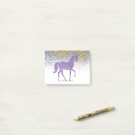 Gold Faux Glitter Paarse Eenhoorn Gepersonaliseerd Post-it® Notes (Op bureau)