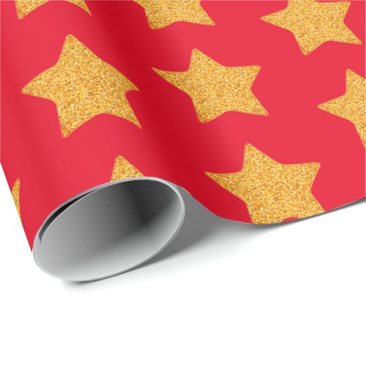 Gold Faux Glitter Star Pattern Red Gift Cadeaupapier (Rol Hoek)