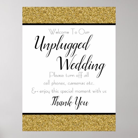 Gold Faux Glitter Unplugged Wedding Sign Poster (Voorkant)