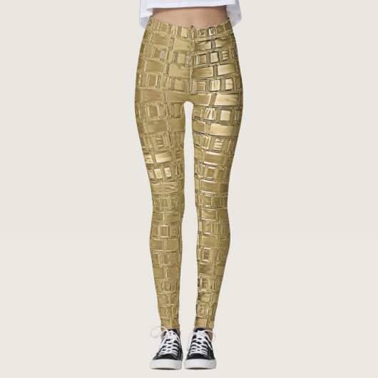 Gold Faux Metallic Shimmer Brick Textured Leggings (Voorkant)