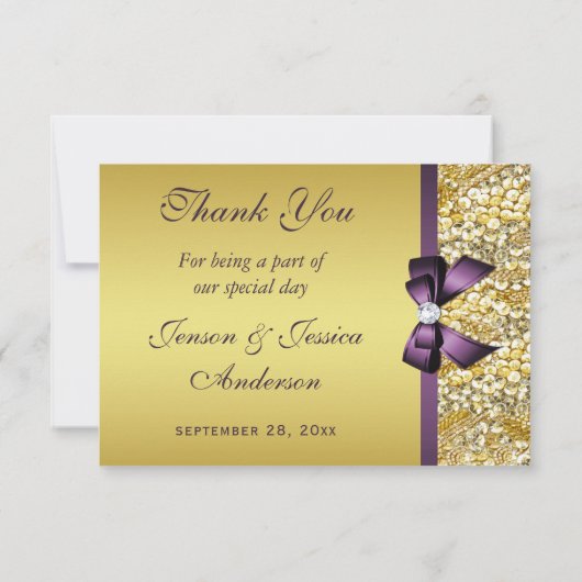 Gold Faux Sequins Diamonds Paars Bow Hartelijk dan Bedankkaart (Achterkant)