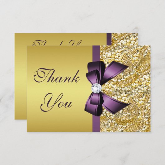 Gold Faux Sequins Diamonds Paars Bow Hartelijk dan Bedankkaart (Voorkant / Achterkant)