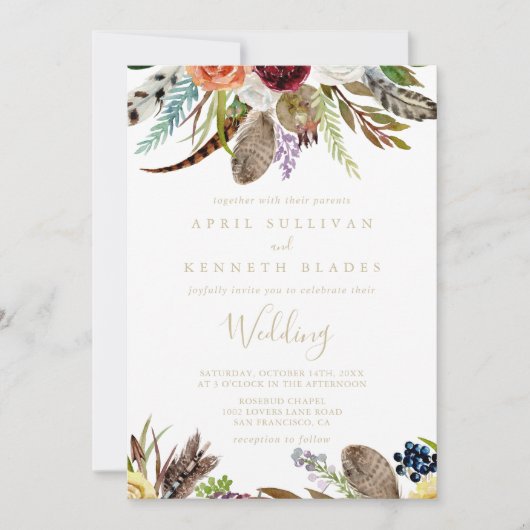 Gold Feather Boho Floral Front & Back Wedding Kaart (Voorkant)