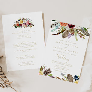 Gold Feather Boho Floral Front & Back Wedding Kaart