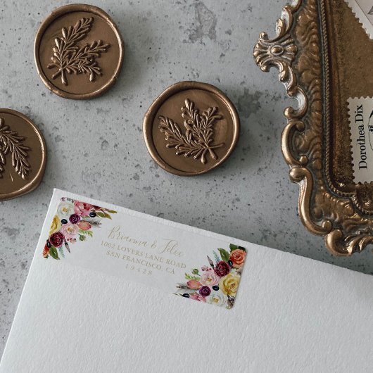 Gold Feather Boho Tropical Floral Return Address Etiket
