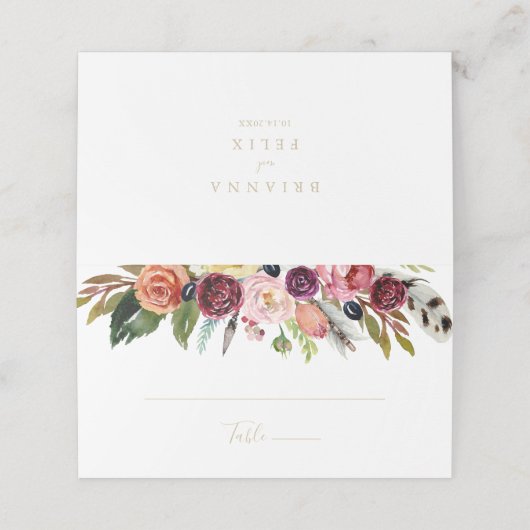 Gold Feather Boho Tropical Floral Wedding Plaatskaartje (Buitenkant ongevouwen)