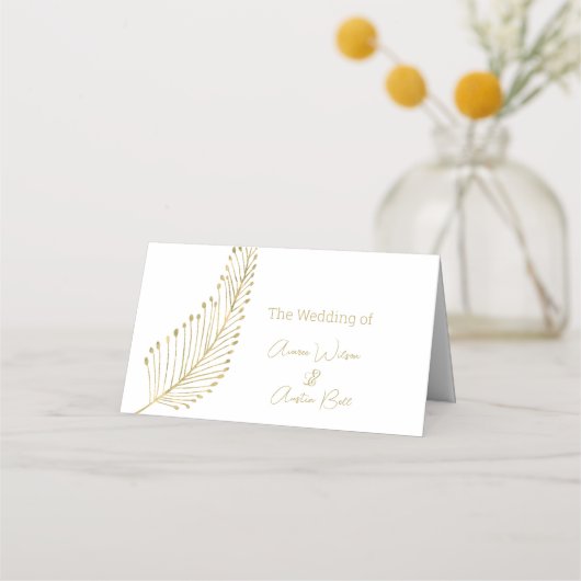 Gold Feather Leaf Name Place Card Plaatskaartje (Voorkant)
