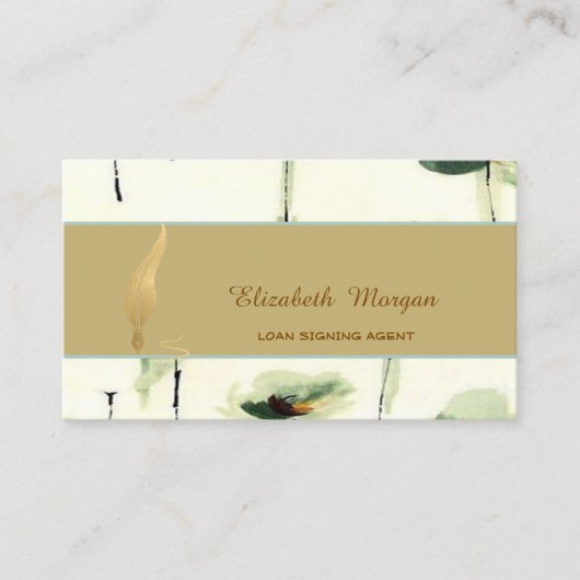 Gold Feather Notary Stripe Floral Visitekaartje (Voorkant)
