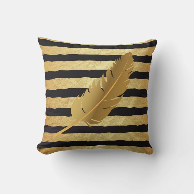 Gold Feather op Gold Foil en Black Stripes Kussen (Voorkant)