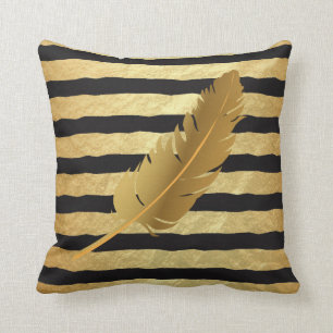 Gold Feather op Gold Foil en Black Stripes Kussen