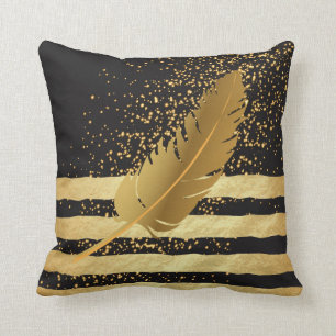 Gold Feather op gouden Confetti en stripes Kussen