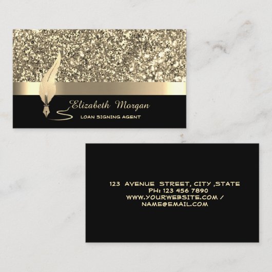 Gold Feather Stripe Sequins Confetti Zwart Notaris Visitekaartje (Voorkant / Achterkant)