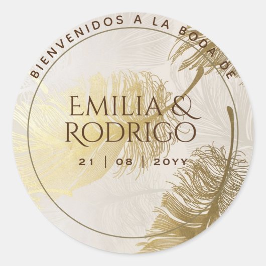 Gold Feathers Spain Boda Welcome Weddenschap Favor Ronde Sticker (Voorkant)