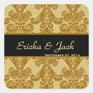 GOLD Feathery Damask Bruiloft Vierkante Sticker