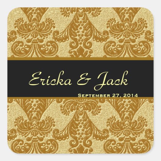 GOLD Feathery Damask Bruiloft Vierkante Sticker (Voorkant)