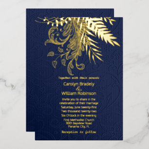 Gold Ferns en Foliage op Blue Damask Wedding Folie Uitnodiging
