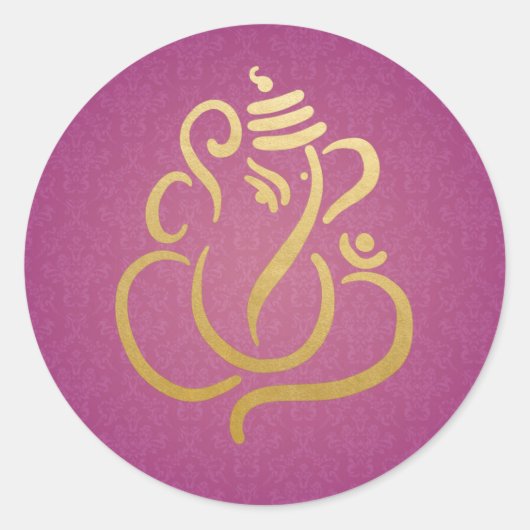 Gold Festive Ganesh | Indian God Damask Purple Ronde Sticker (Voorkant)