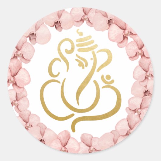 Gold Festive Ganesh | Indian God Pink Orchids Ronde Sticker (Voorkant)