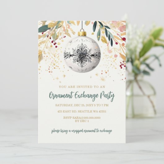 Gold Festive Ornament Exchange Christmas Party Kaart (Staand voorkant)