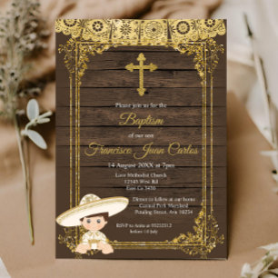 Gold Fiesta Boy Baptism Christening Uitnodiging