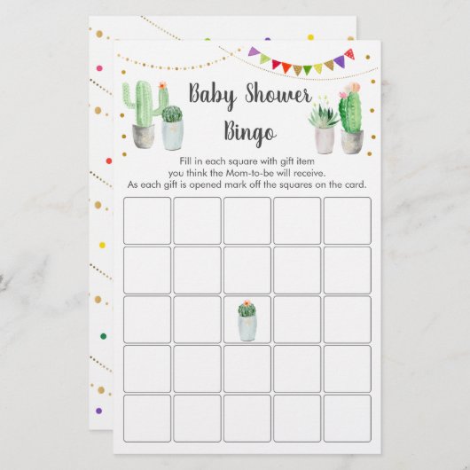 Gold Fiesta Cactus Baby shower Bingo Game (Voorkant / Achterkant)