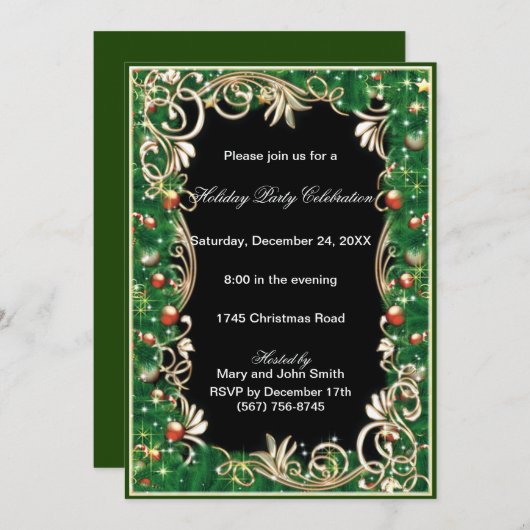 Gold filigraan groene dennen kerstfeest uitnodigen kaart (Voorkant / Achterkant)