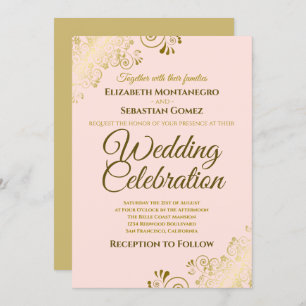 Gold Filigree Chic Elegant Blush Pink Wedding Kaart
