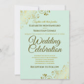 Gold Filigree Chic Elegant Neo Mint Green Wedding Kaart (Voorkant)