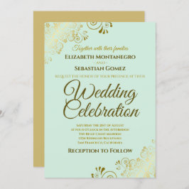 Gold Filigree Chic Elegant Neo Mint Green Wedding Kaart