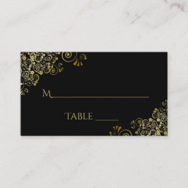 Gold Filigree Elegant Black Wedding Escort Kaart Plaatskaartje