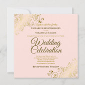 Gold Filigree Elegant Blush Pink Square Weddenscha Kaart (Voorkant)
