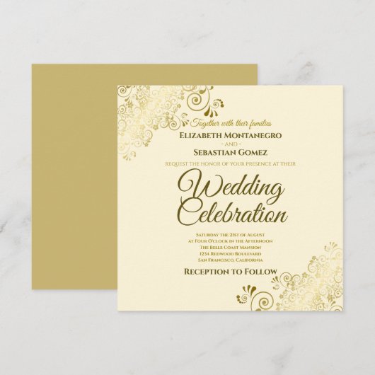 Gold  Filigree Elegant Cream Square Wedding Kaart (Voorkant / Achterkant)