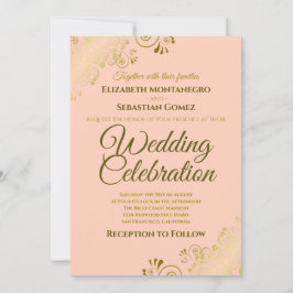 Gold Filigree Elegant Formal Coral Peach Wedding Kaart