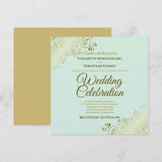 Gold Filigree Elegant Mint Green Square Wedding Kaart (Voorkant / Achterkant)
