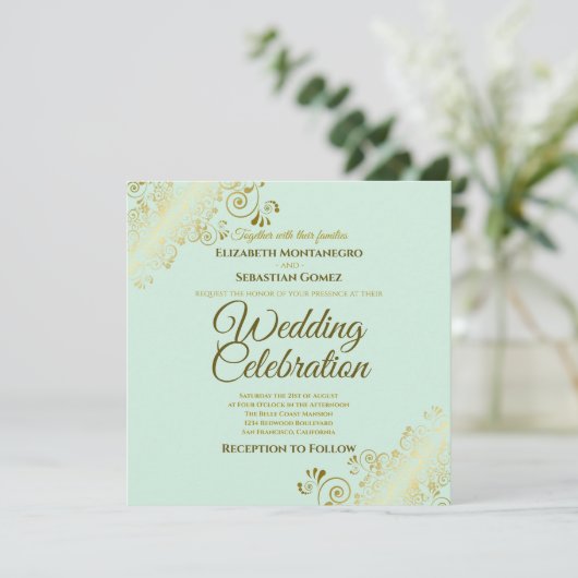 Gold Filigree Elegant Mint Green Square Wedding Kaart (Staand voorkant)