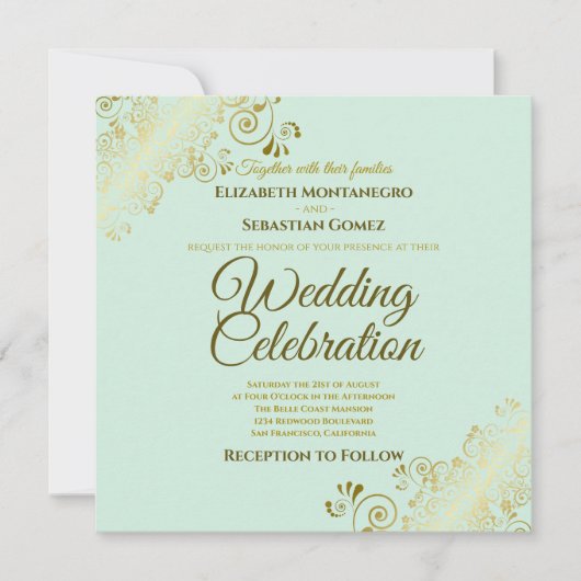 Gold Filigree Elegant Mint Green Square Wedding Kaart (Voorkant)
