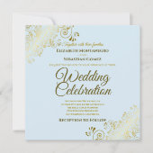 Gold Filigree Elegant Powder Blue Square Weddensch Kaart (Voorkant)