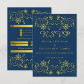 Gold Filigree Flower & Ivy on Atlantic Blue RSVP Kaartje (Voorkant / Achterkant)