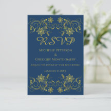 Gold Filigree Flower & Ivy on Atlantic Blue