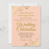 Gold Filigree op Peach Elegant QR Code Weddenschap Kaart (Voorkant)