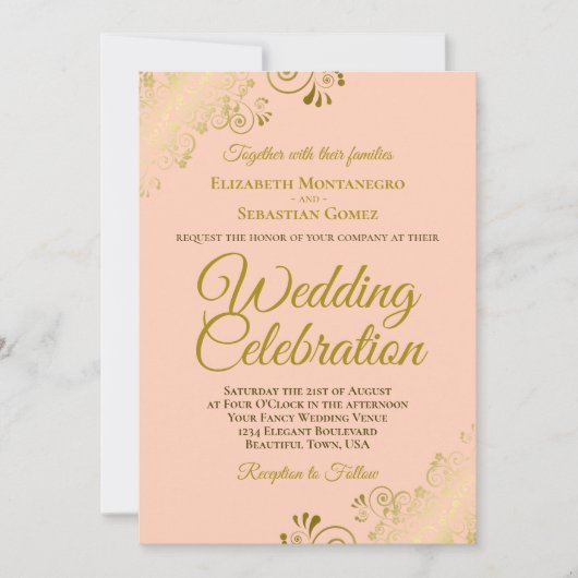 Gold Filigree op Peach Elegant QR Code Weddenschap Kaart (Voorkant)