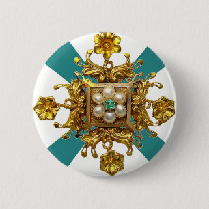Gold Filigree Pearls Costume Jewelry Pin Ronde Button 5,7 Cm