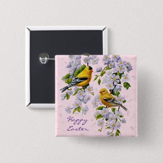 Gold Finch Birds & Apple Tree Pink Vierkante Button 5,1 Cm (Voorkant /achterkant)
