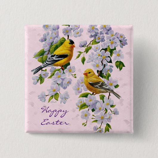 Gold Finch Birds & Apple Tree Pink Vierkante Button 5,1 Cm (Voorkant)